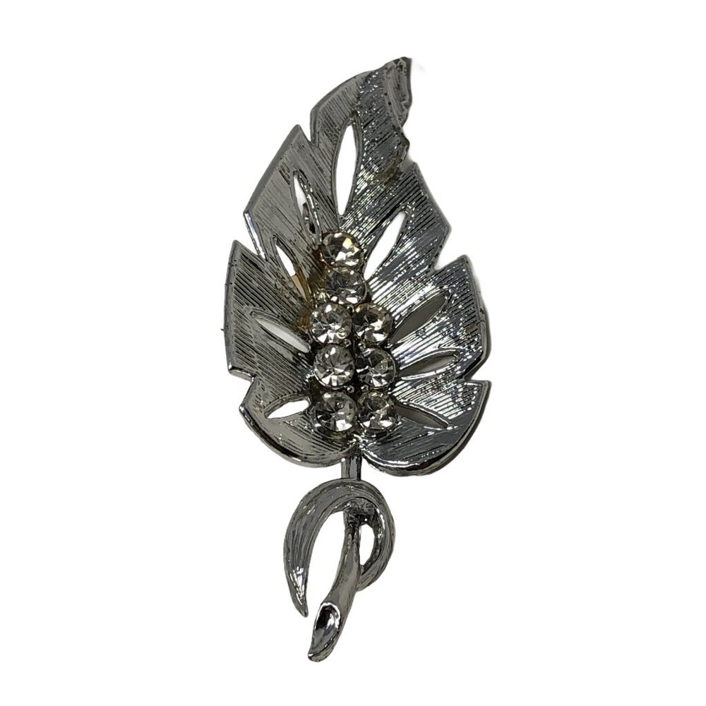 Leaf Brooch Vintage Large 2 3/4" Silver Tone Floral Rhinestone Pin